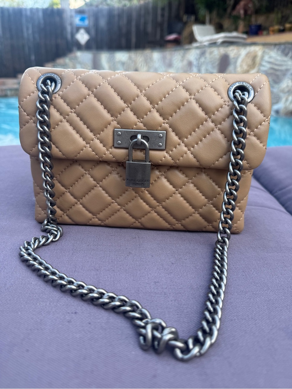 Kurt Geiger Mini Brixton Quilted Lock Chain Shoulder Bag Taupe VGUC